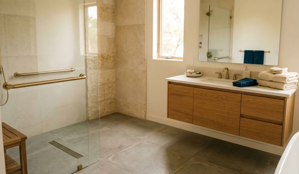 Accessible luxury bathroom with curbless shower and tasteful grab bars, authentic, natural light