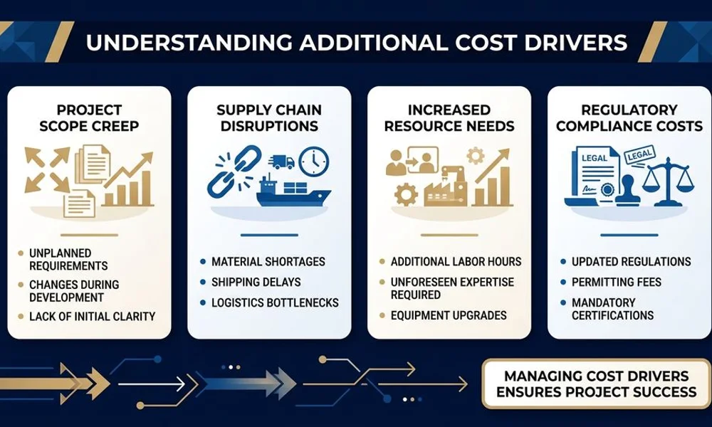 Addition cost-driver infographic, brand navy and gold