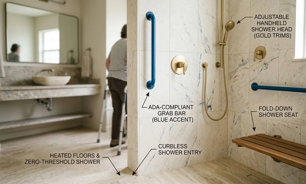 Aging-in-place bathroom feature callouts, brand navy and gold