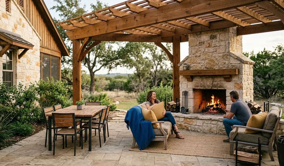 Backyard with pergola and outdoor fireplace, authentic, natural light