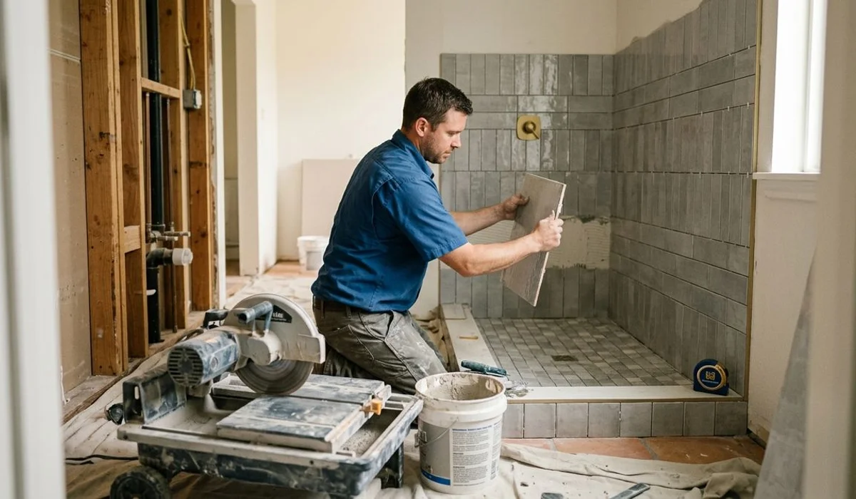 Bathroom mid-remodel with new tile going up, authentic, natural light