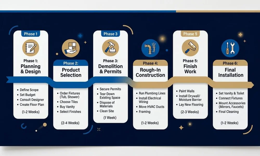 Bathroom remodel timeline graphic, brand navy and gold