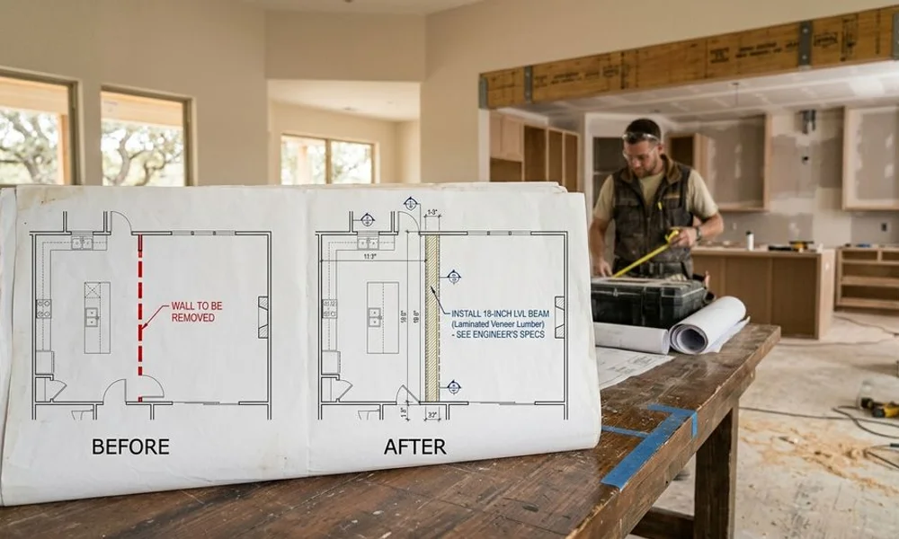 Before/after floor plan showing wall removal and LVL beam, brand navy and gold