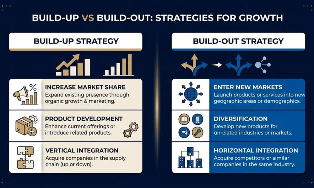 Build-up vs build-out comparison graphic, brand navy and gold