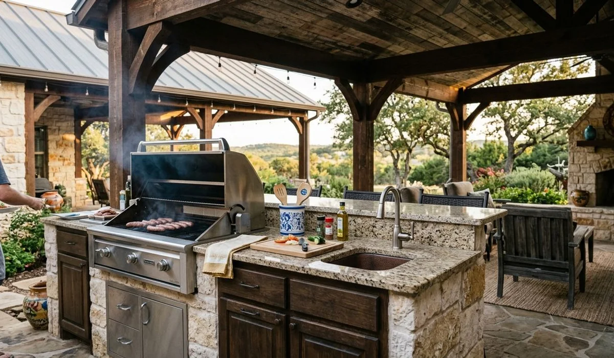 Built-in outdoor kitchen with grill and sink under a covered patio, authentic, natural light