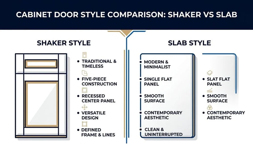 Cabinet door style comparison: shaker vs slab, brand navy and gold