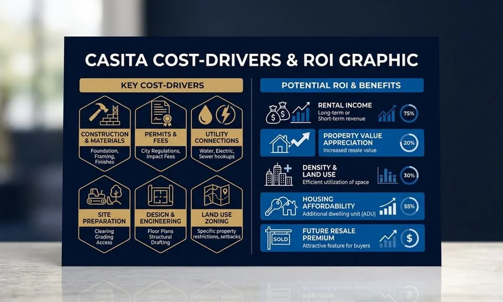 Casita cost-driver and ROI graphic, brand navy and gold