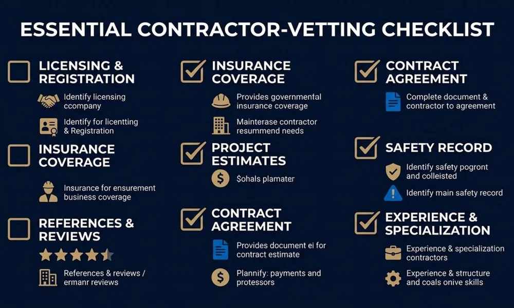 Checklist graphic of contractor-vetting criteria, brand navy and gold