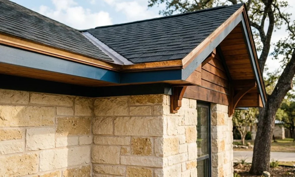 Close-up of matched brick and roofline transition, brand navy and gold