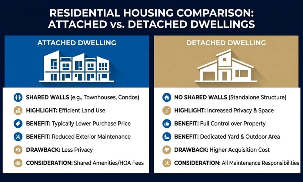 Comparison graphic attached vs detached dwelling, brand navy and gold