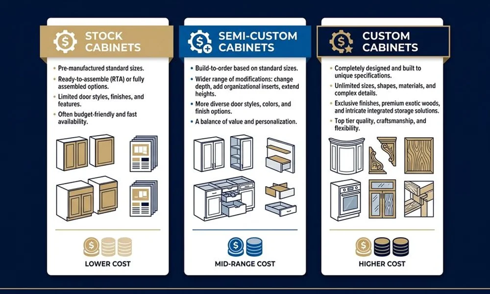 Cost tier graphic: stock vs semi-custom vs custom cabinets, brand navy and gold