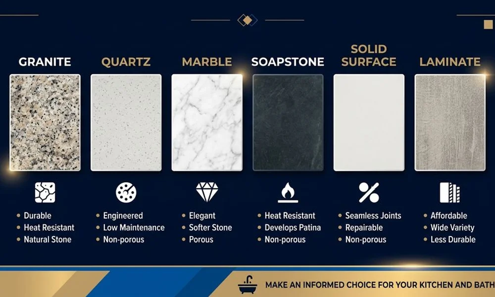 Countertop material swatches comparison, brand navy and gold