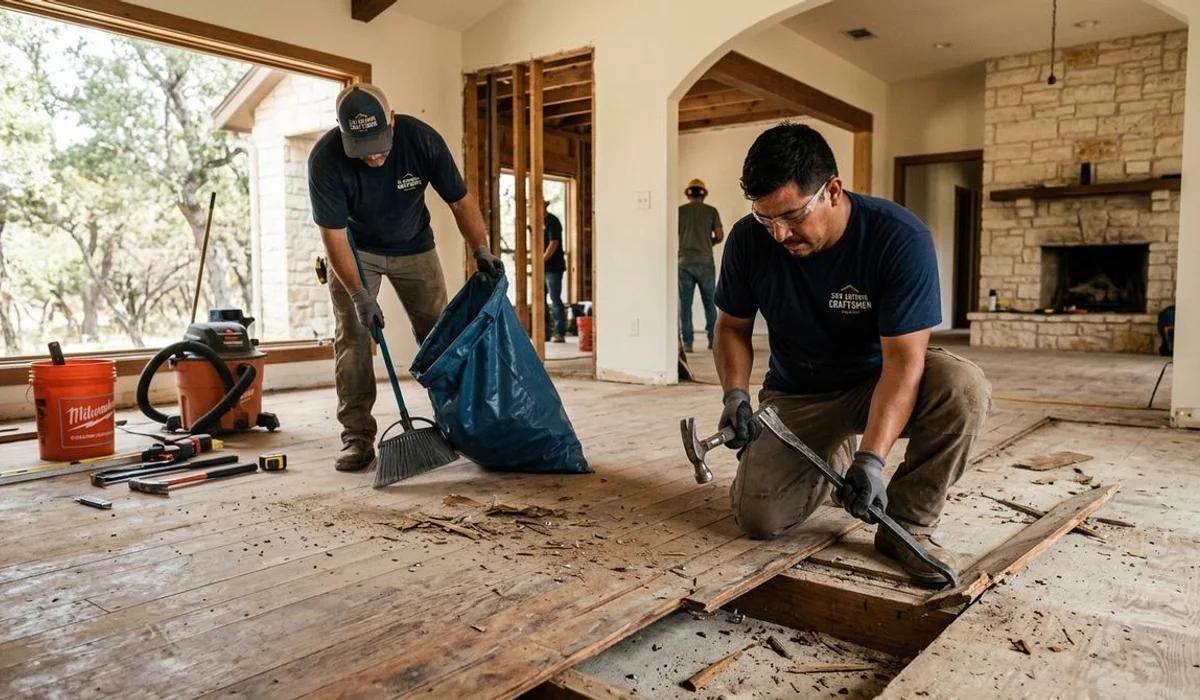Crew removing old flooring and prepping subfloor, authentic job-site, natural light