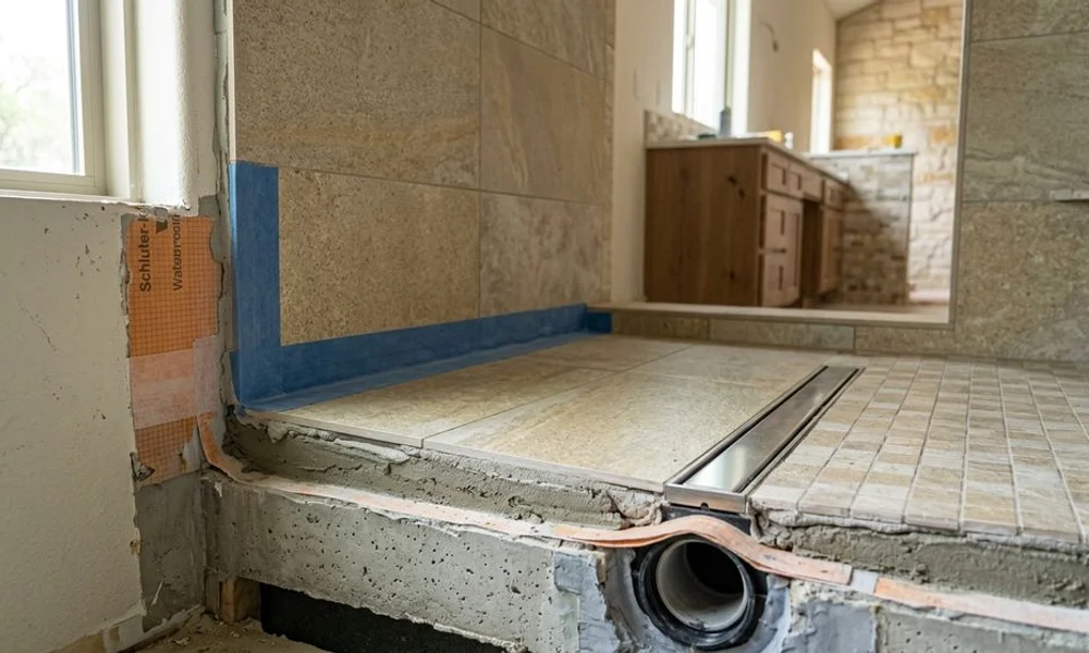 Cross-section of curbless shower waterproofing and slope, brand navy and gold