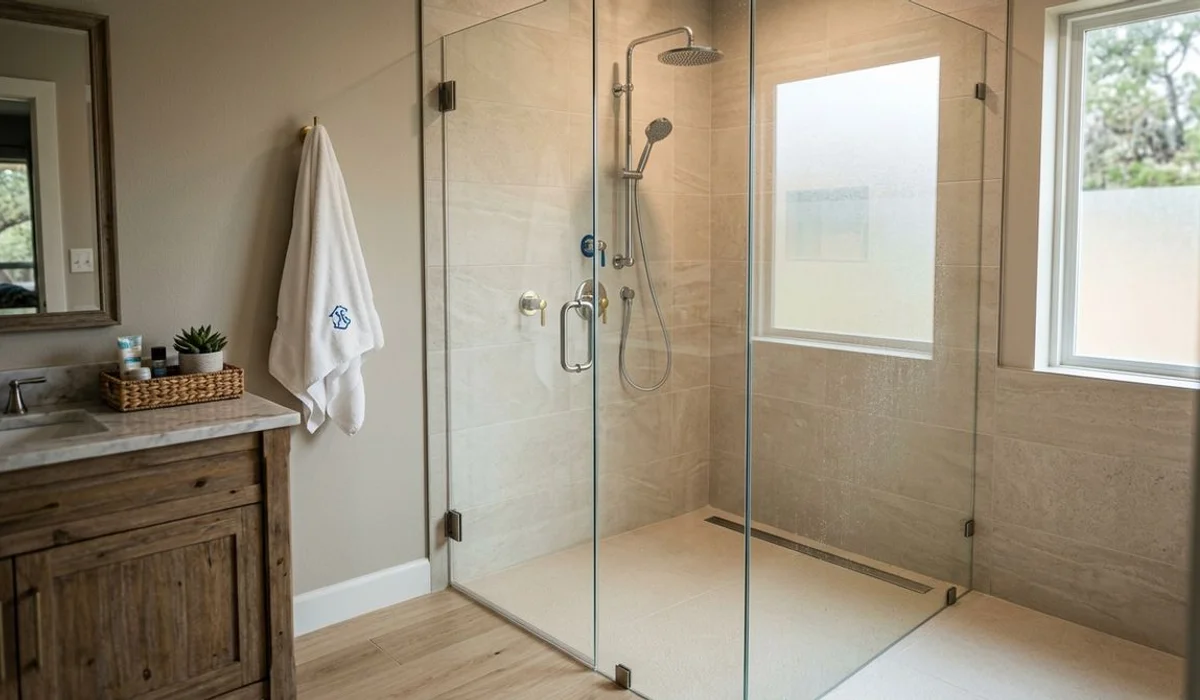 Curbless walk-in shower with frameless glass and linear drain, authentic, natural light