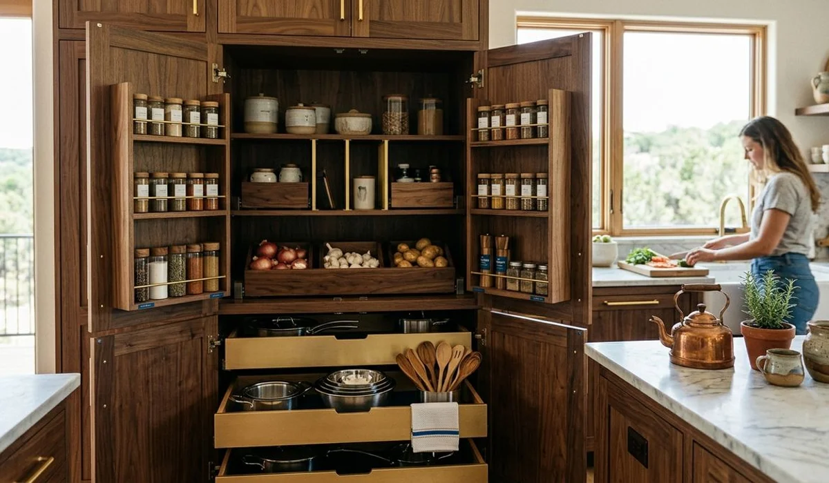 Custom kitchen cabinetry with detailed storage interiors, authentic, natural light