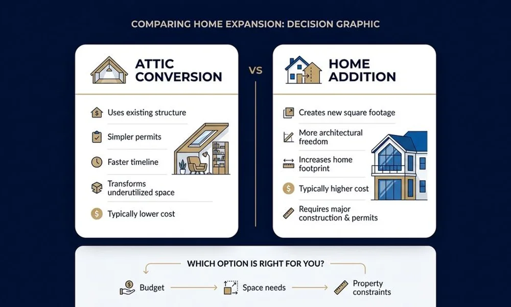 Decision graphic attic conversion vs addition, brand navy and gold