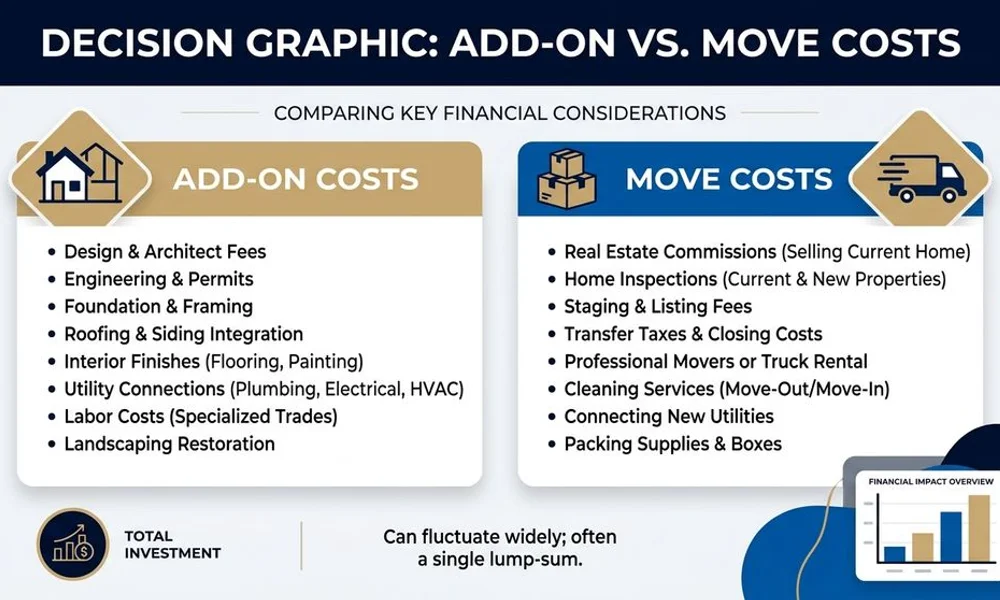 Decision graphic comparing add-on vs move costs, brand navy and gold