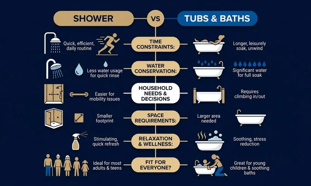 Decision graphic: shower vs tub by household need, brand navy and gold