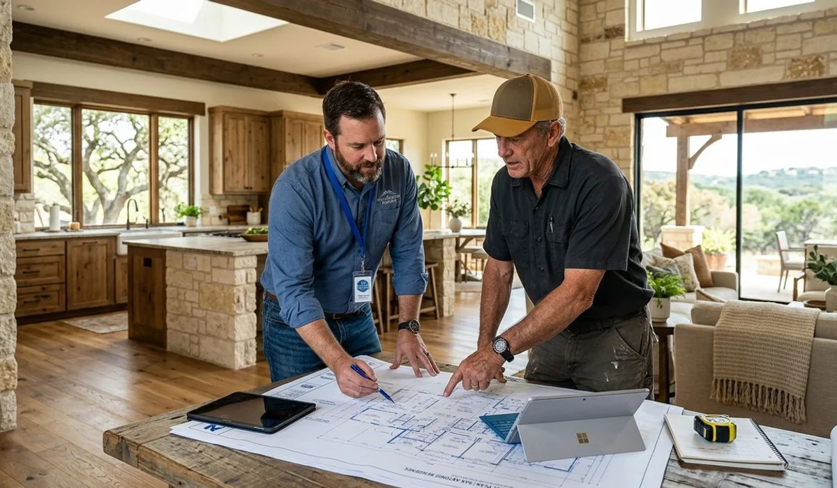 Design consultant and builder reviewing plans together, authentic, natural light