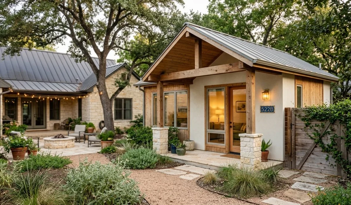 Detached backyard ADU casita behind a main house, authentic, natural light