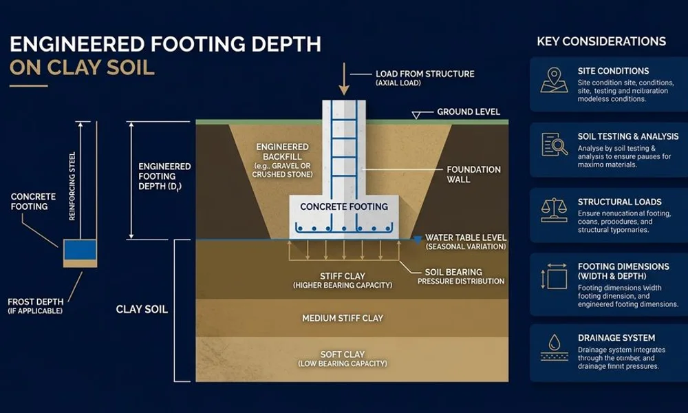 Diagram of engineered footing depth on clay soil, brand navy and gold