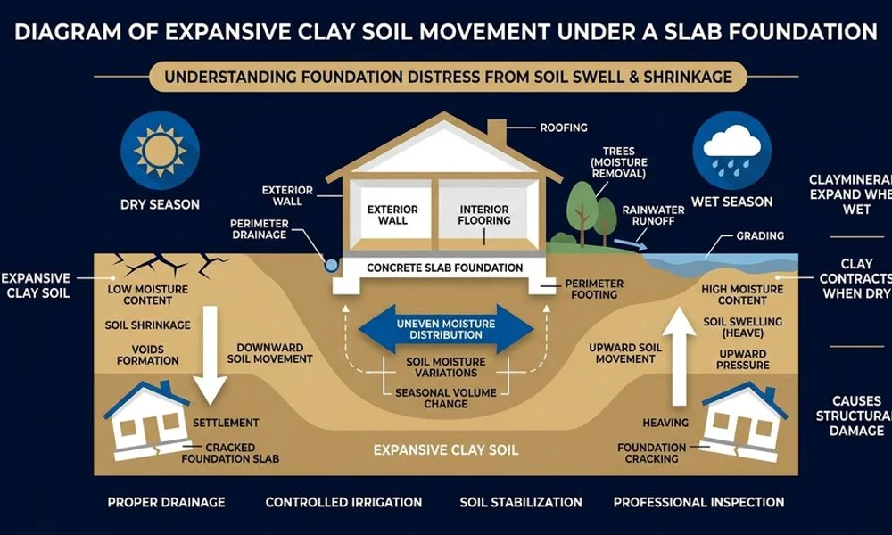 Diagram of expansive clay soil movement under a slab foundation, brand navy and gold