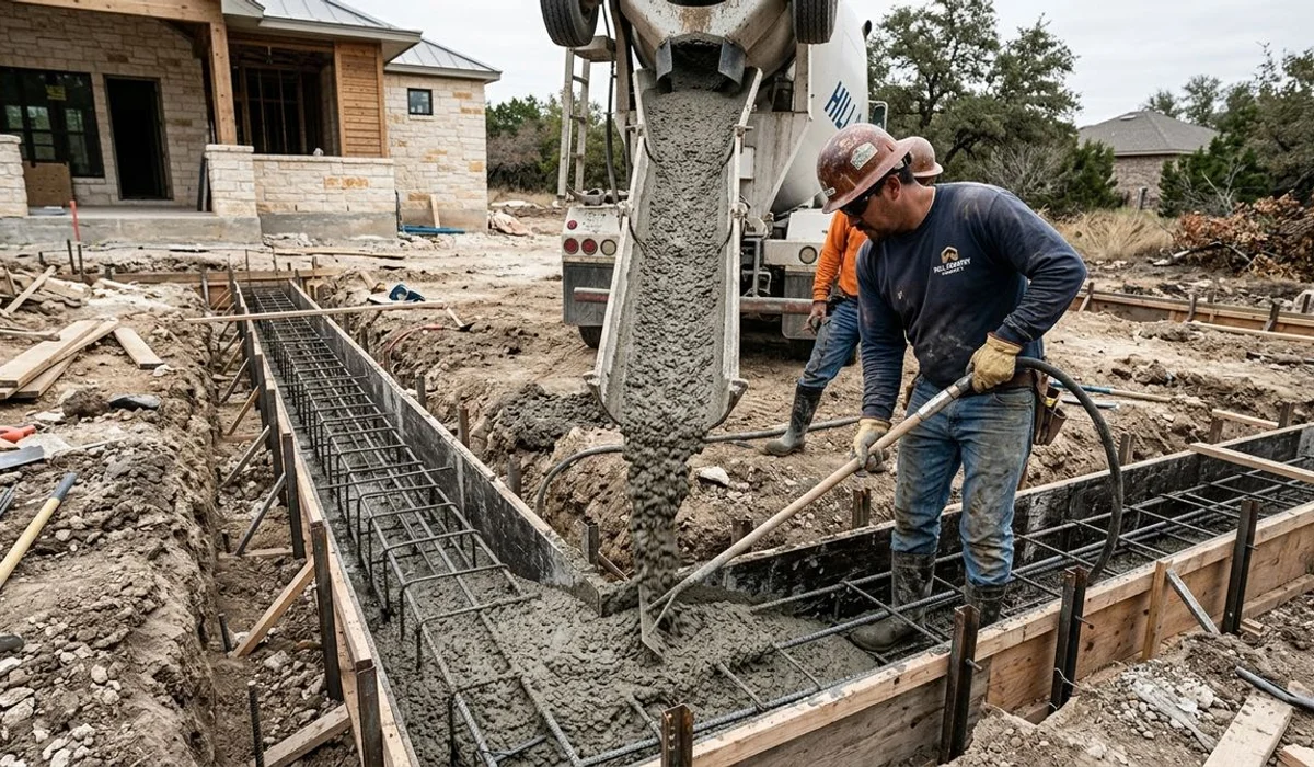 Engineered concrete foundation footing being poured at a Texas home site, authentic