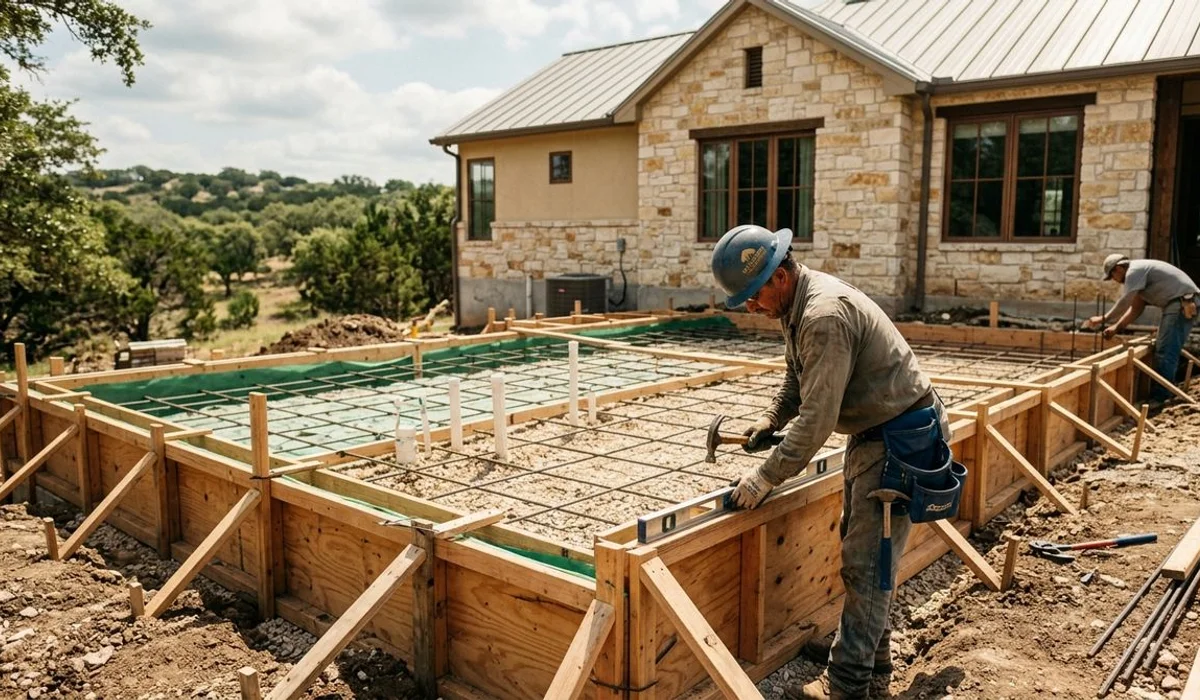 Engineered foundation for a home addition being formed, authentic, natural light