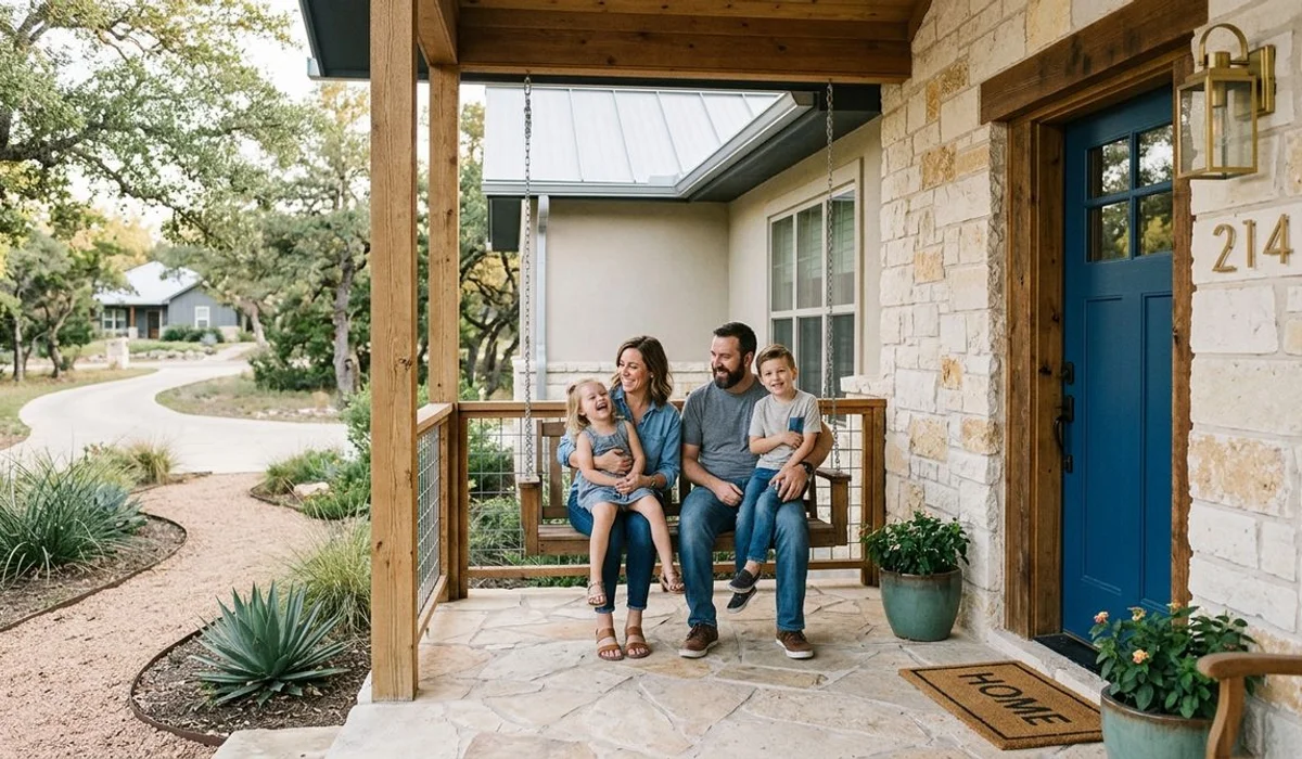 Family in front of their improved home, authentic, natural light