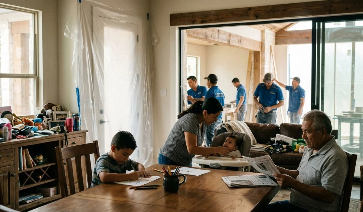 Family living in part of a home while another area is under renovation, authentic