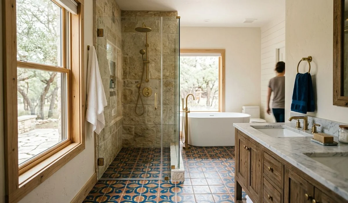 Finished mid-range to high-end bathroom remodel, authentic, natural light