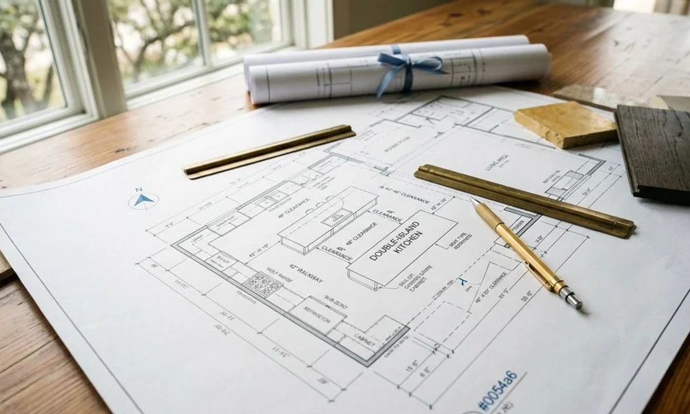 Floor plan showing double-island clearances, brand navy and gold