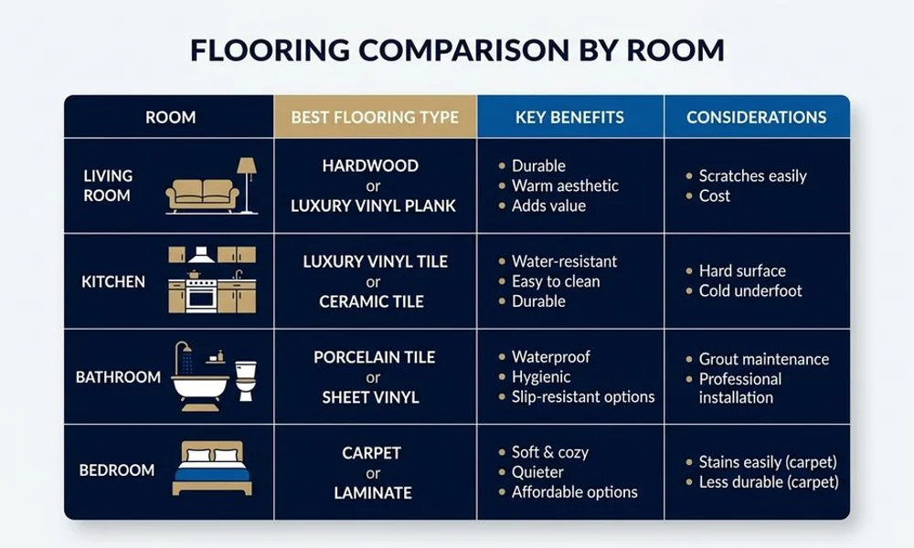 Flooring comparison table by room, brand navy and gold