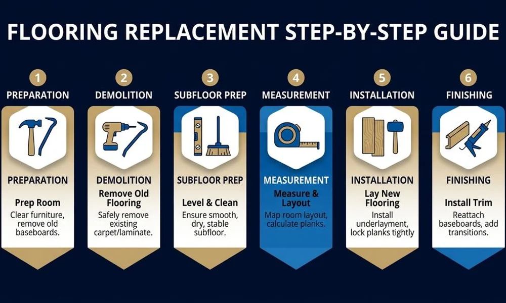 Flooring replacement step graphic, brand navy and gold