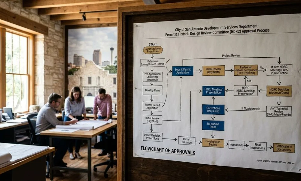 Flowchart of the San Antonio permit and HDRC review process, brand navy and gold