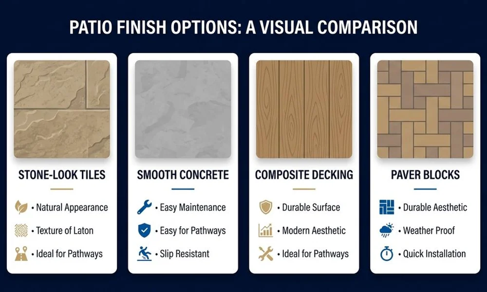 Four-up patio finish swatches comparison, brand navy and gold