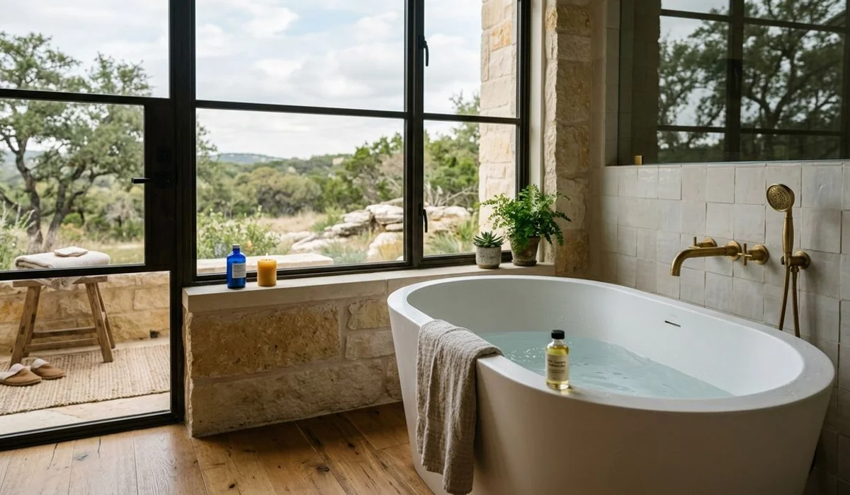 Freestanding soaking tub by a window in a luxury bathroom, authentic, natural light