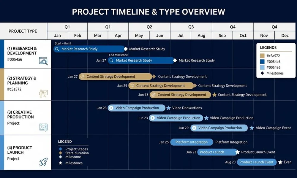 Gantt-style timeline by project type, brand navy and gold, clean