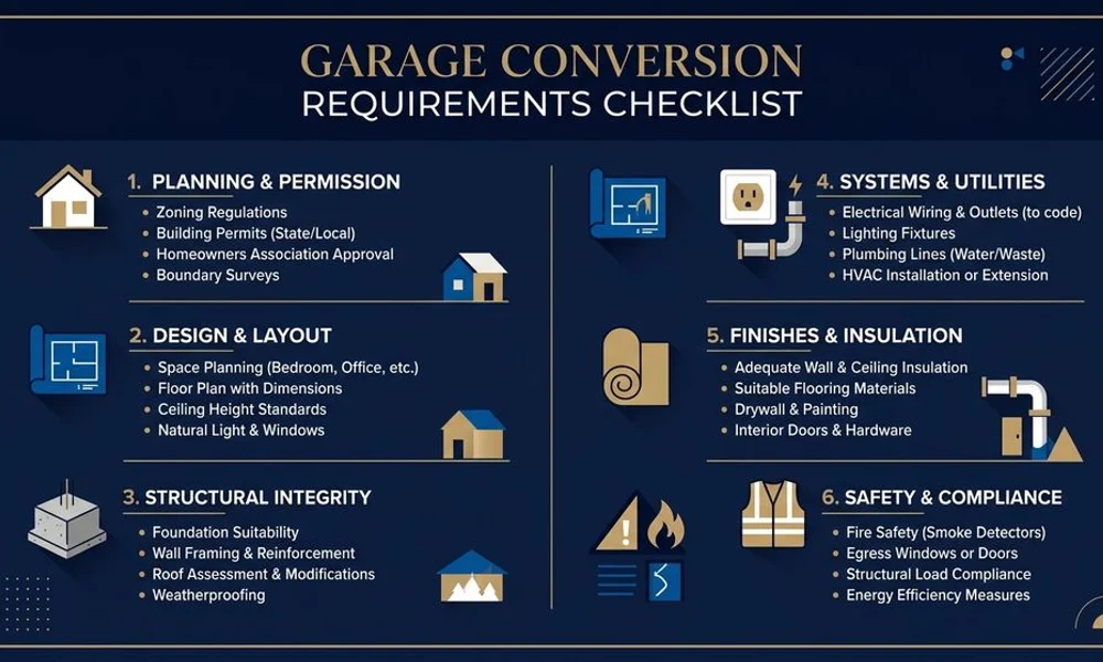 Garage conversion requirements checklist graphic, brand navy and gold