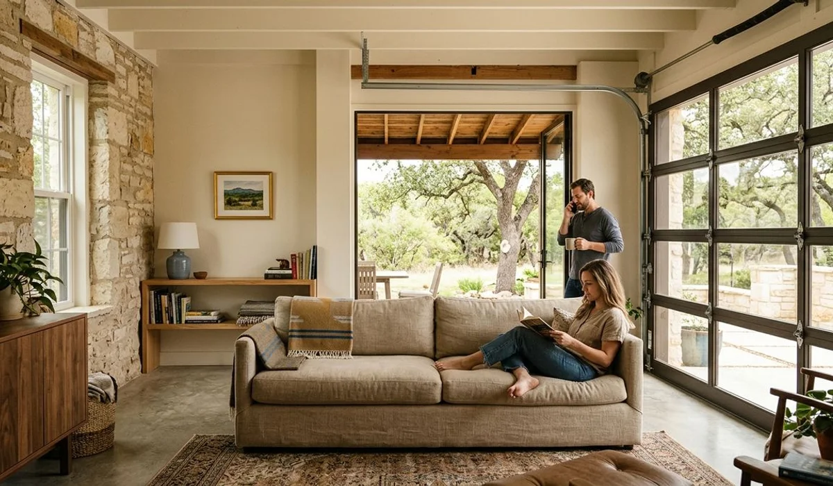 Garage converted into a finished living room, authentic, natural light