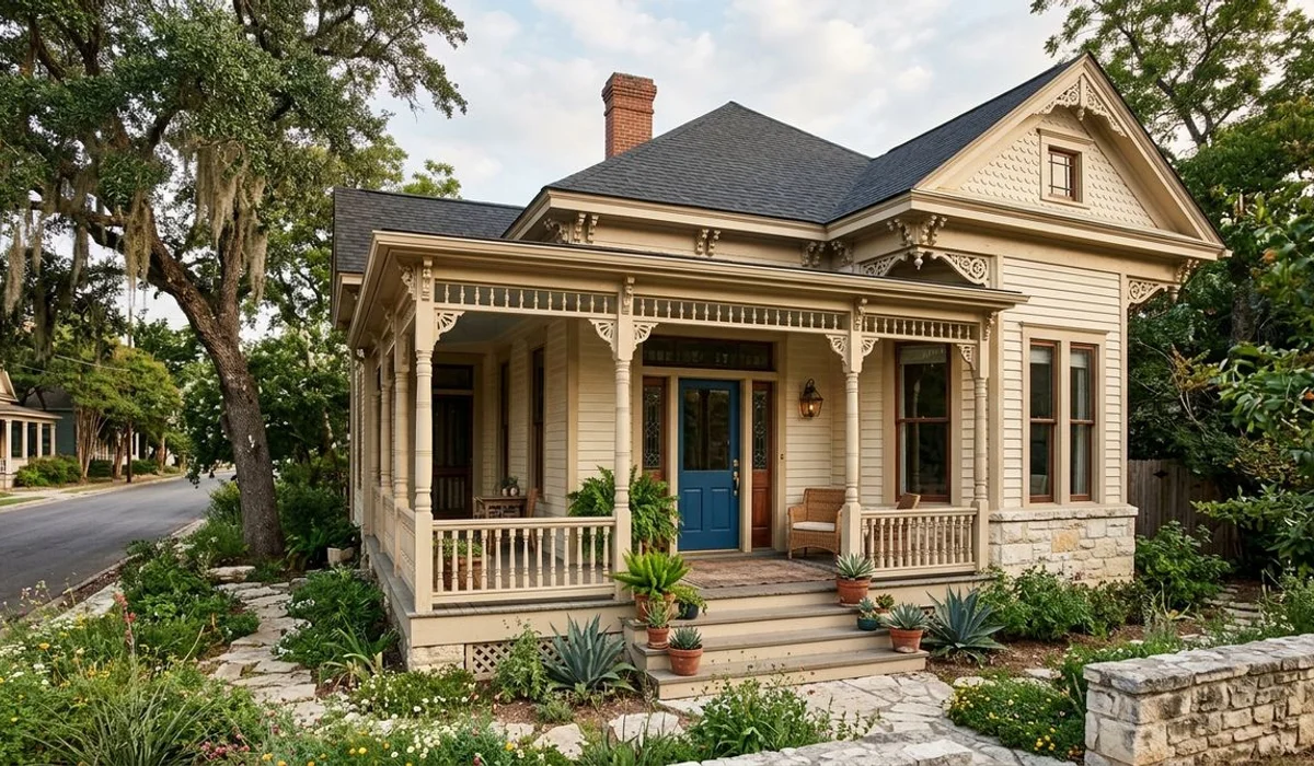 Historic San Antonio home exterior with character details, authentic, natural light