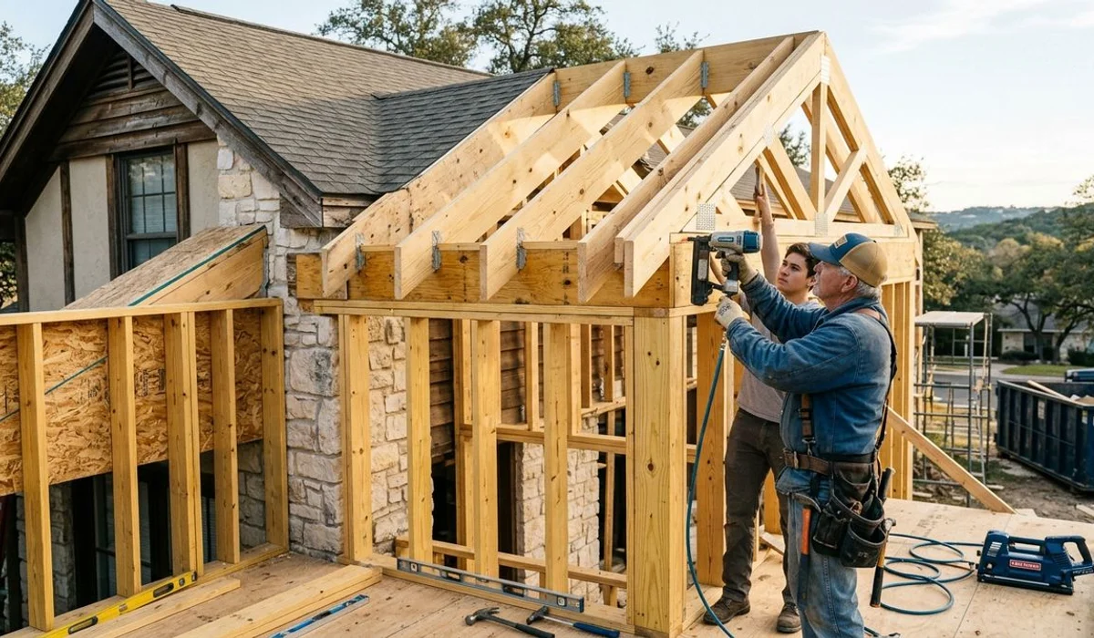 Home addition framing tied into an existing house, authentic job-site, natural light