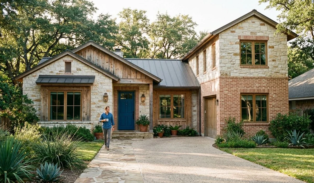 Home exterior where addition brick matches the original seamlessly, authentic, natural light