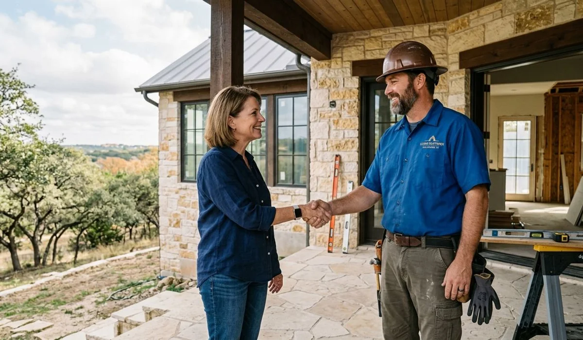 Homeowner and contractor shaking hands at a job site, authentic, natural light