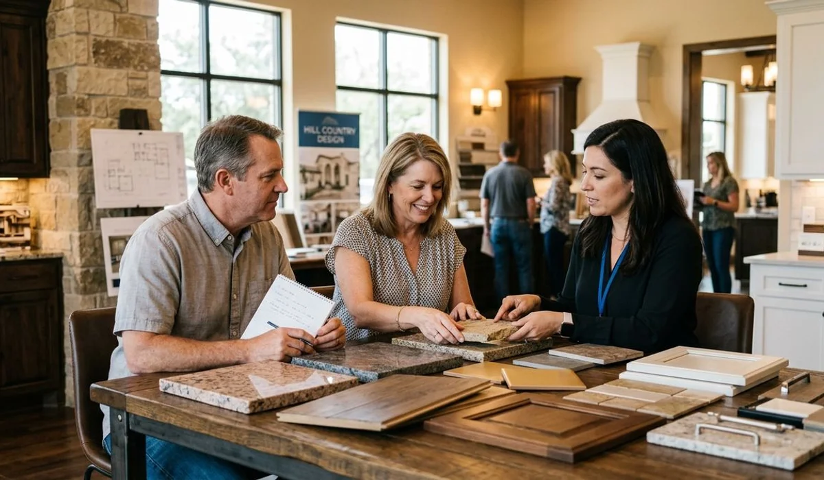 Homeowners reviewing material samples with a design consultant in a remodeling showroom, natural light, authentic