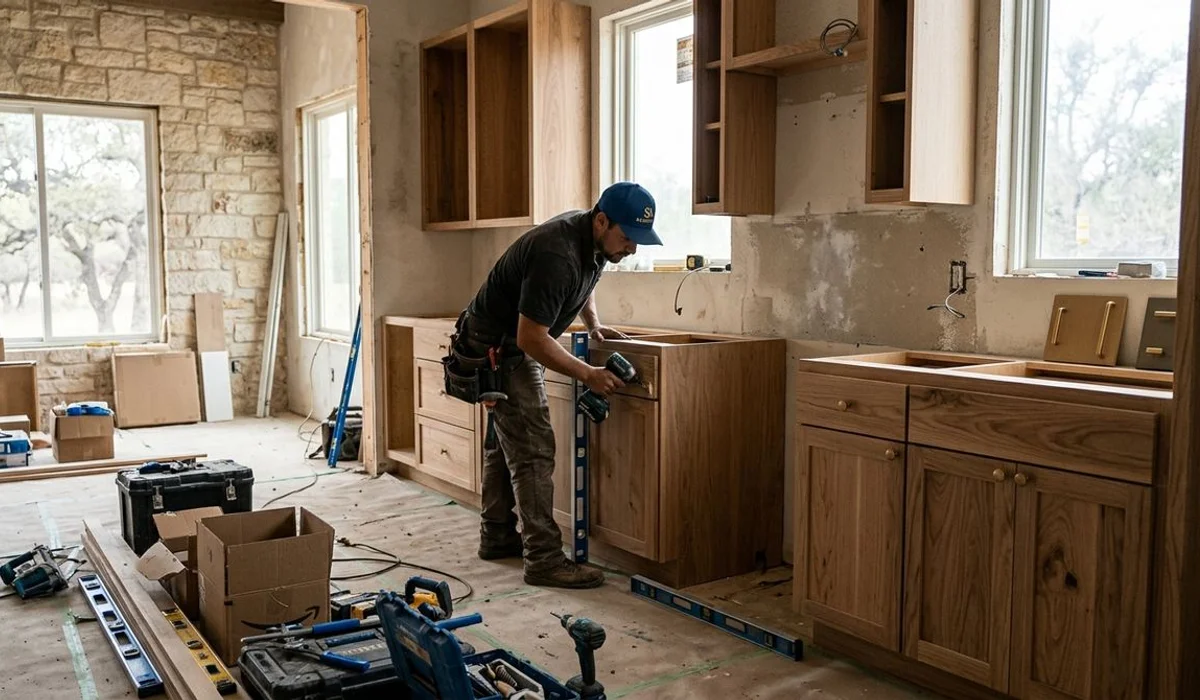 Kitchen mid-installation with new cabinets going in, authentic, natural light