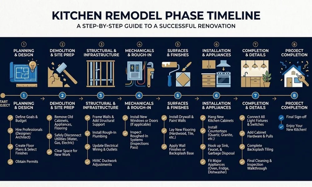 Kitchen remodel phase timeline graphic, brand navy and gold