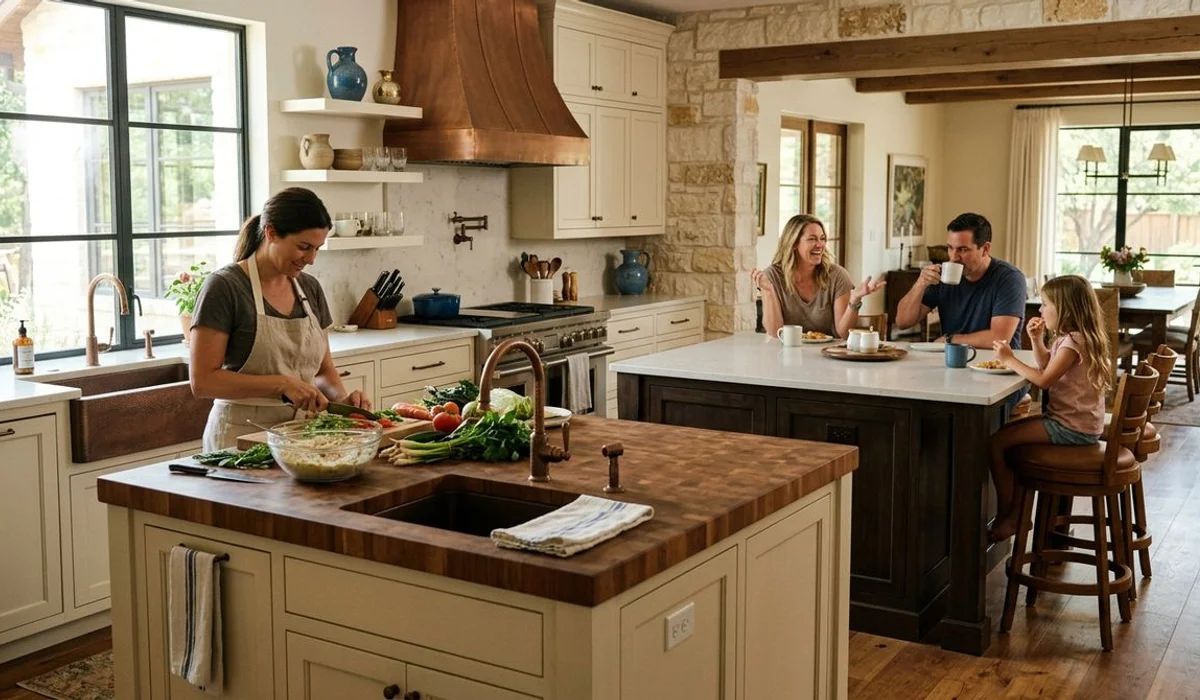 Large open kitchen with two islands, one for prep one for seating, authentic, natural light
