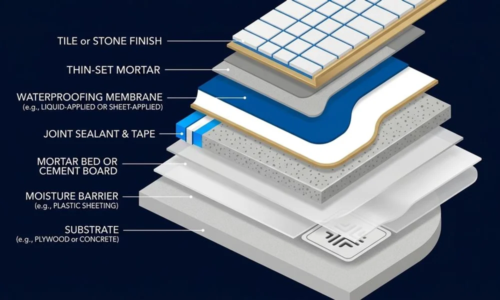 Layered diagram of shower waterproofing assembly, brand navy and gold